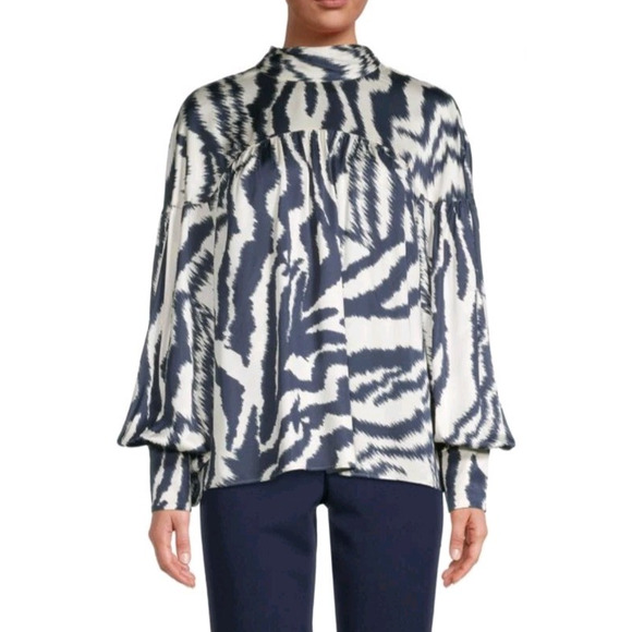 TED BAKER NUURAS BLOUSE HIGH NECK ZEBRA STRIPE IVORY & NAVY BLUE SIZE 1 - Picture 1 of 7
